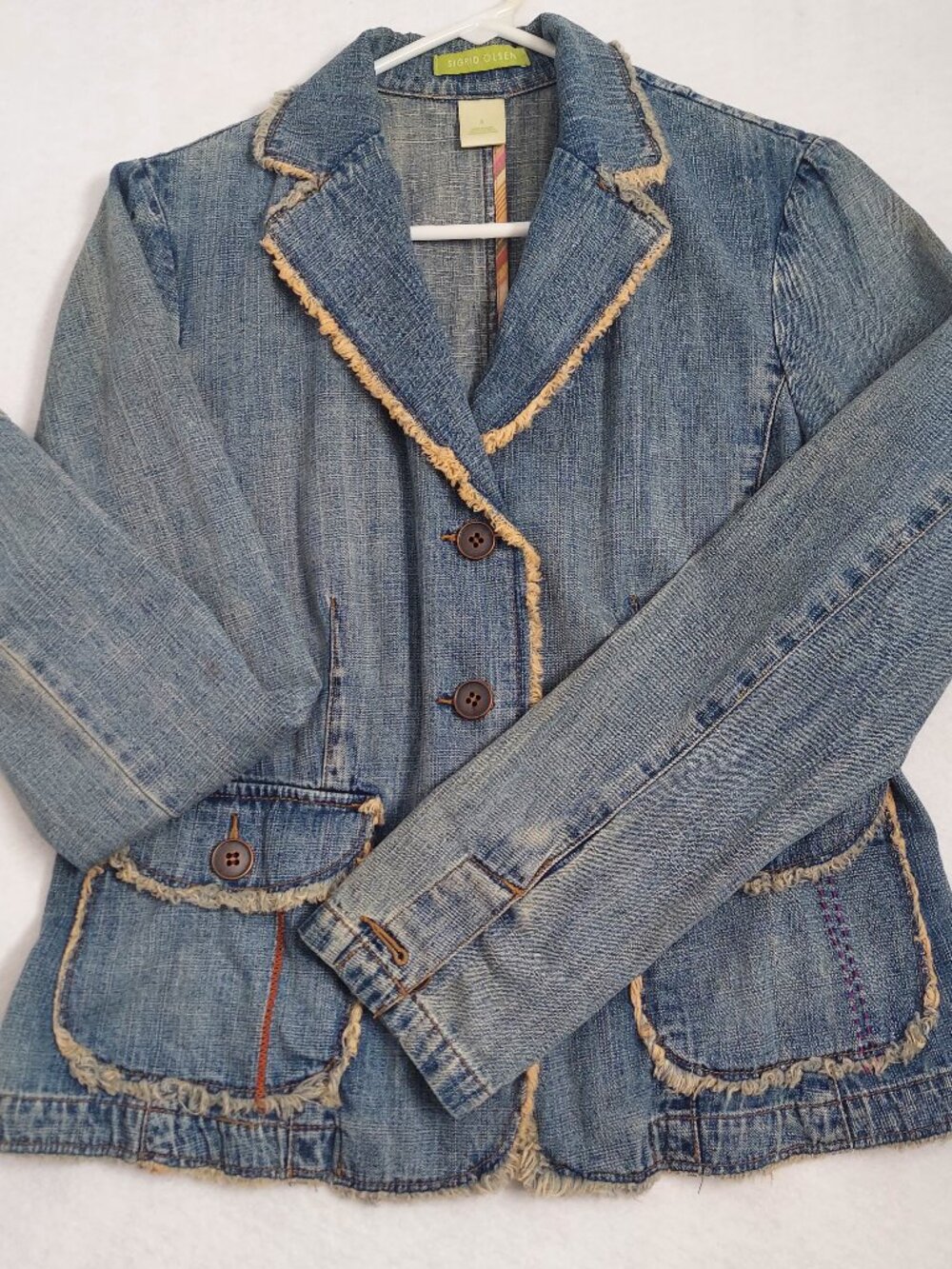 Sigrid Olsen Denim Jacket Blazer Frayed Trim Cotton Boho Size 8